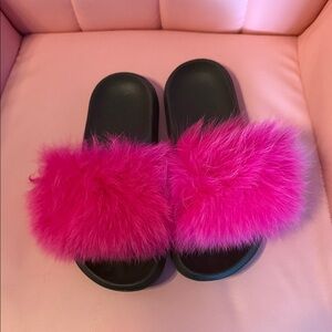Hot Pink Faux Fur Slide Sandals